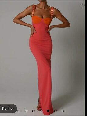 Doll House Strap Detail Coral and Orange Bust Maxi Dress